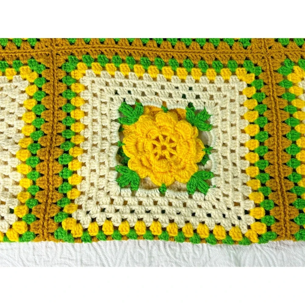 Vintage 70s Hand Crooked Granny Square Afghan Blanket 3D Yellow Flower Rose 48x7